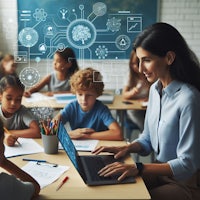 a teacher is using a laptop in front of a group of children