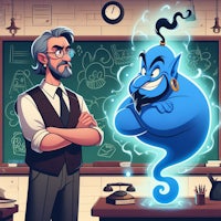 a man standing next to a blue ghost in a classroom