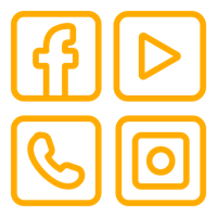 a set of yellow icons with a phone, tv, and social media icons